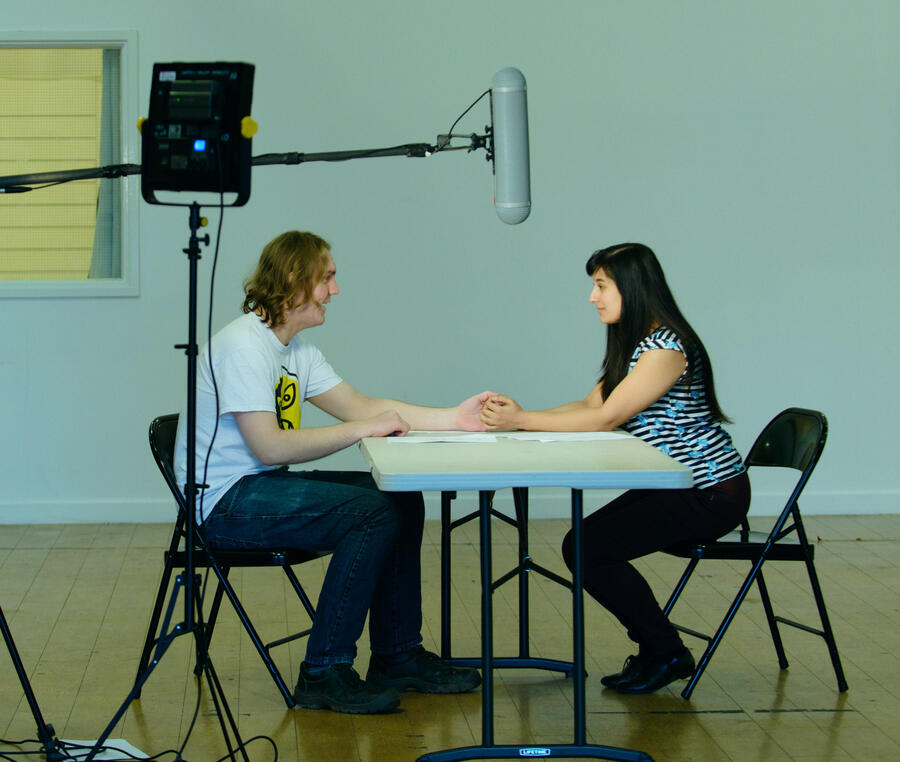 Behind the scenes shot of Michelle Kelly rehearsing on camera
